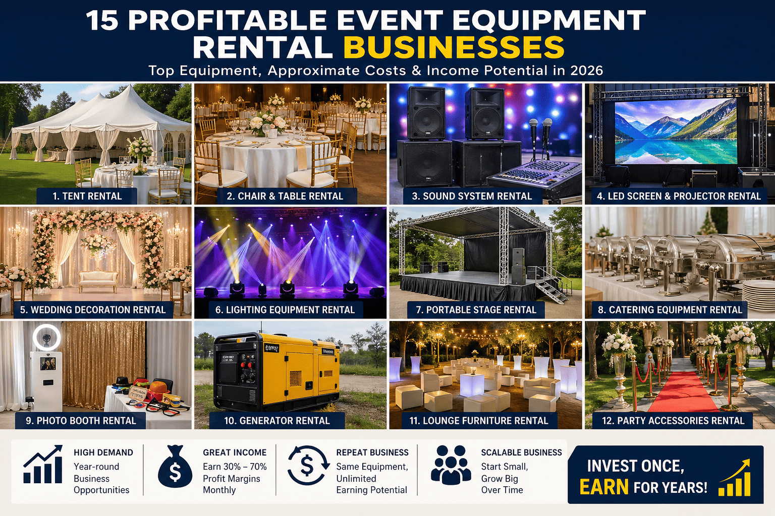 15 Profitable Event Equipment Rental Businesses: Costs, Income & Most-Rented Equipment in 2026