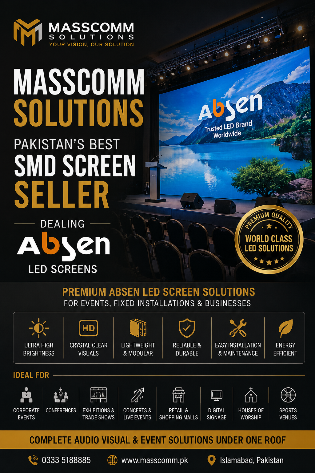 Absen LED Screen Pakistan, Absen SMD Screen Pakistan, LED Video Wall Pakistan, SMD Screen Supplier Pakistan, Absen Distributor Pakistan, Indoor LED Screen Pakistan, Outdoor LED Screen Pakistan, Corporate LED Display, LED Screen Installation Pakistan, MassComm Solutions.